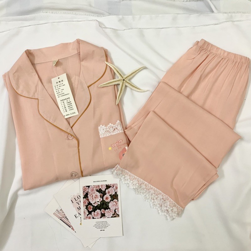 Pijama- Đồ Bộ Set Ngủ Vải Đũi Lụa Cao Cấp Sang Chảnh Áo Dài Phối Ren DDDP01