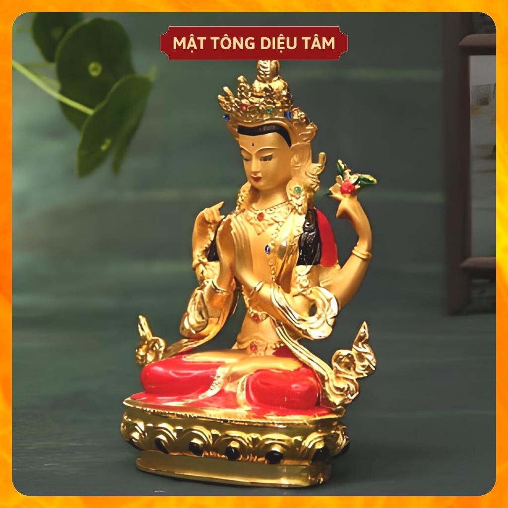 Tượng phật quan âm tứ thủ thờ cúng mật tông , tượng phật để ô tô mẫu QA màu 14,5cmvẽ tay Tây Tạng