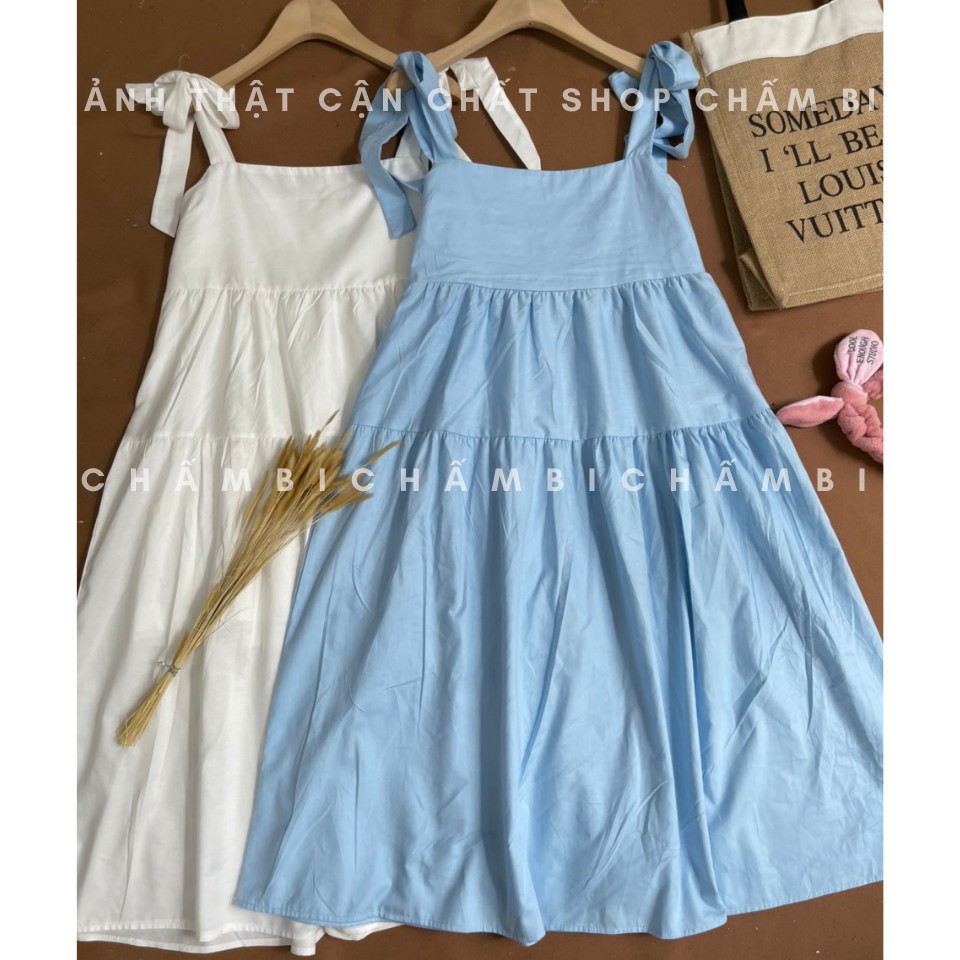 Váy babydoll Hàn Quốc V.079, Váy dáng dài 2 tầng xòe thắt nơ vai cực xinh | BigBuy360 - bigbuy360.vn