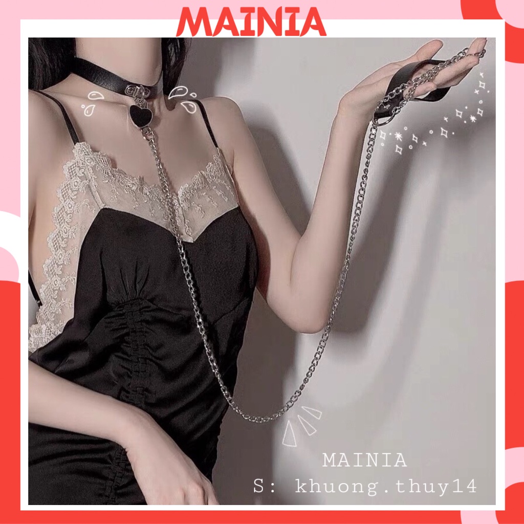 Dây Vòng Cổ Choker Da Phối Xích Bạc Khoen Tim Kết Hợp Mọi Mẫu Váy Ngủ Sexy Quyến Rũ Mainia Shop