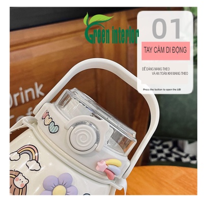 Bình giữ nhiệt Greeninterior dung tích 880ml, bình đựng nước cute có ống hút, inox 304 cao cấp kèm hình dán 3D Màu Trắng