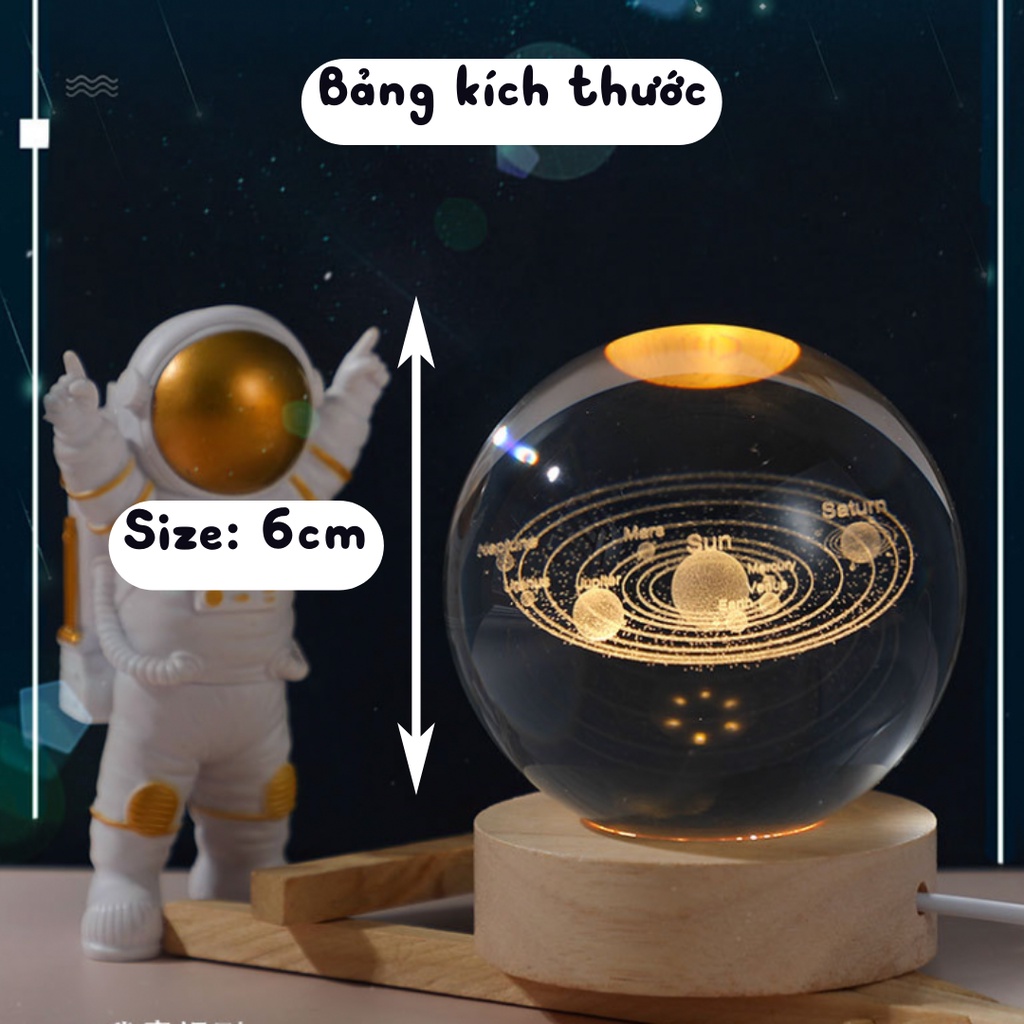 Đèn ngủ để bàn quả cầu pha lê vũ trụ dễ thương 3d, Đèn decor phi hành gia trang trí phòng ngủ phát sáng đẹp