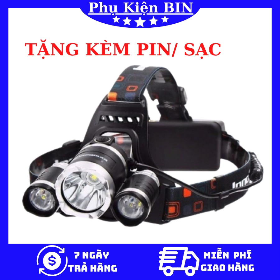 [Có Video] Đèn Pin Đội Đầu 3 Bóng Led T6- Siêu Sáng, Kèm Pin, Sạc