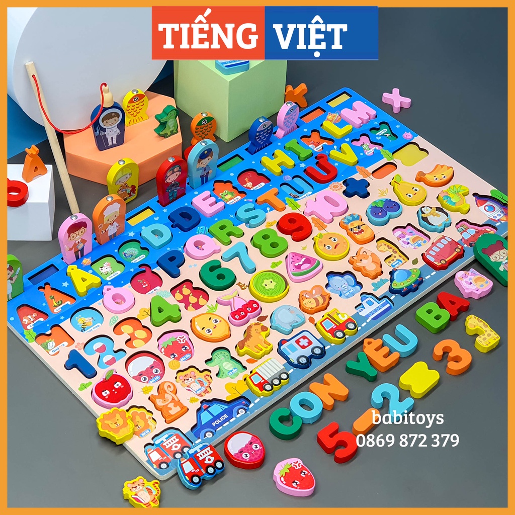 Bộ bảng gỗ câu cá học chữ, học số, ghép hình học động vật, trái cây đồ chơi phát triển trí tuệ cho bé