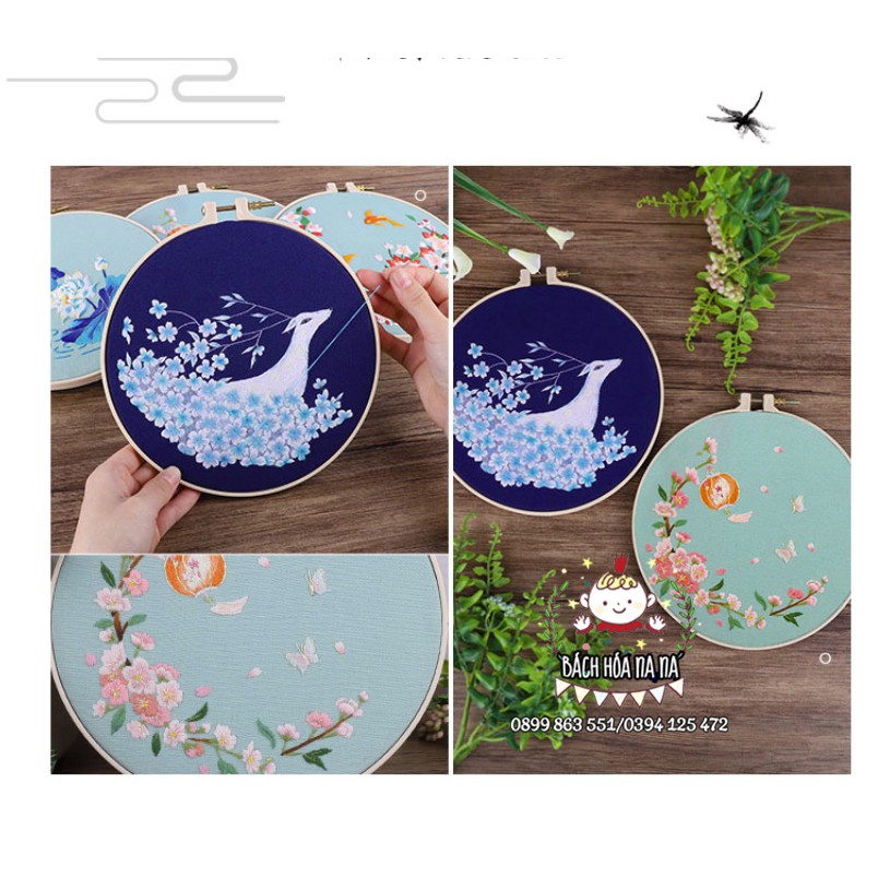 Kit thêu tay mẫu Hươu trăng Hoa sen xanh Bộ nguyên liệu tranh phong cảnh - Xuân Khởi - Bách hóa Nana Handmade