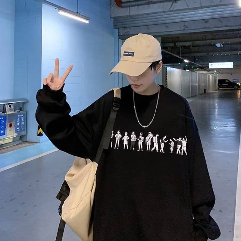 Áo Thun Tay Dài Cổ Tròn In Họa Tiết Hoạt Hình Phong Cách Hong Kong Thời Trang Mùa Thu Cho Nam Và Nữ