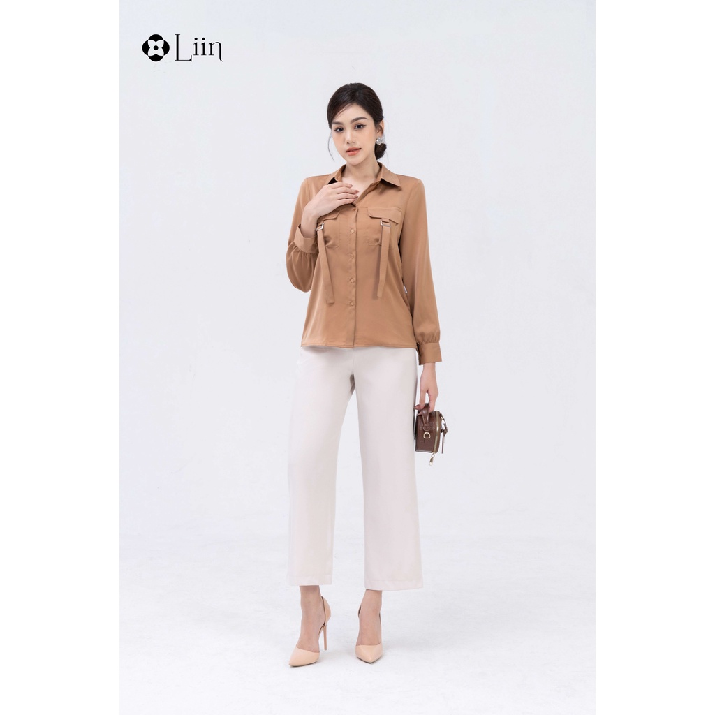 Áo sơ mi linbi cao cấp màu nâu mix túi hộp dây mặc tôn da thanh lịch liin clothing SM4506