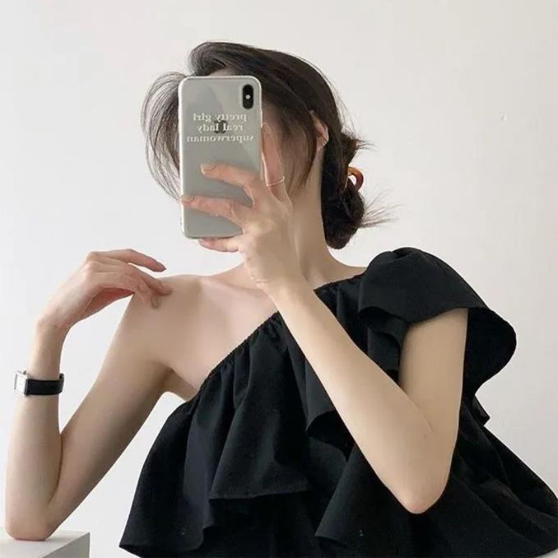 (SẴN) Áo thô lệch vai đen