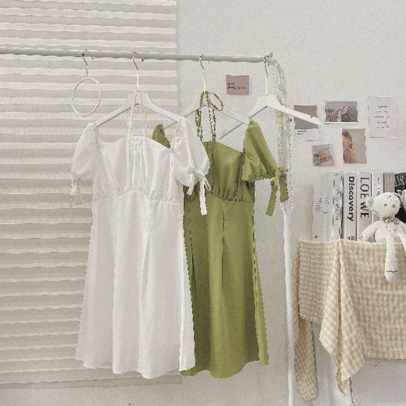 VÁY CỔ YẾM TAY NƠ SIÊU HOT 2 MÀU XANH MINT - TRẮNG