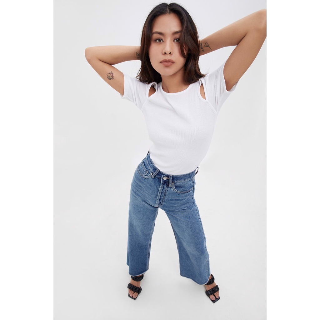 TheBlueTshirt - Áo Kiểu Nữ Khoét Vai Cổ Tròn - Shoulder Cutout Rib Cotton Top - Trắng