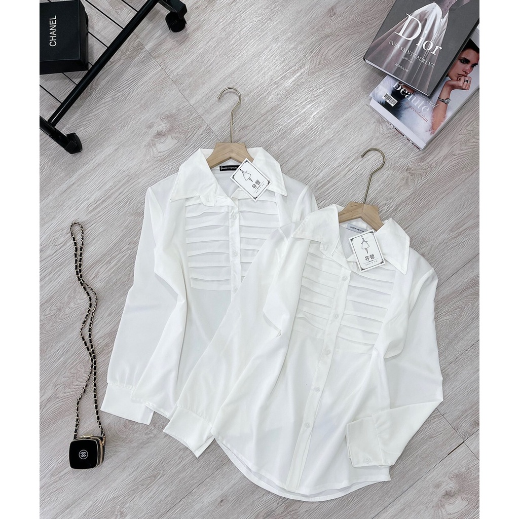 Áo sơ mi chữ C xanh nữ đẹp kiểu form rộng tay dài hình thêu. ZADOLA FASHION