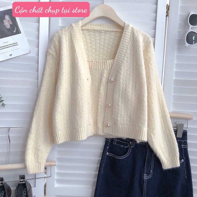 Set Áo Cadigan Áo Dây Màu Đen Be Hồng Xanh Dài Tay Khoác Ngoài Cài Cúc Chất Len Thỏ Loại 1 Phong Cách Hàn Quốc Đủ Size