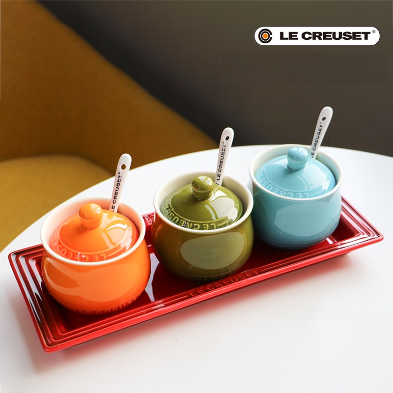 AI AN 17 Hũ gia vị Le Creuset, bộ 3 hũ gia vị chất liệu gốm sứ cao cấp kèm khay và thìa múc, dùng decor trang