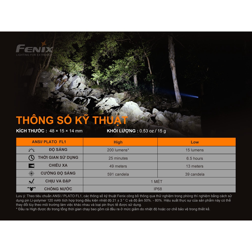 Đèn pin móc khóa FENIX E02R độ sáng 200 lumen chiếu xa 49m sạc Micro USB pin sạc 120mAh