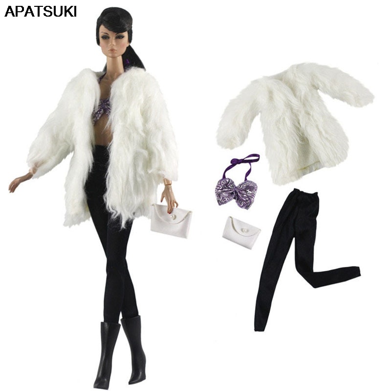 Áo khoác lông trắng mùa đông kèm áo ngực quần legging và ví dành cho búp bê barbie Parka tỉ lệ 1:6