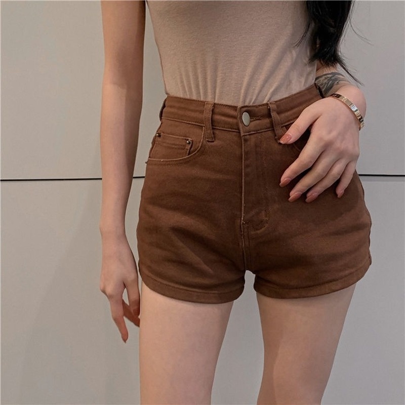 Quần Short Denim Màu Nâu Caramel Lưng Cao Dáng Ôm Gợi Cảm Phong Cách Hàn Quốc Cho Nữ