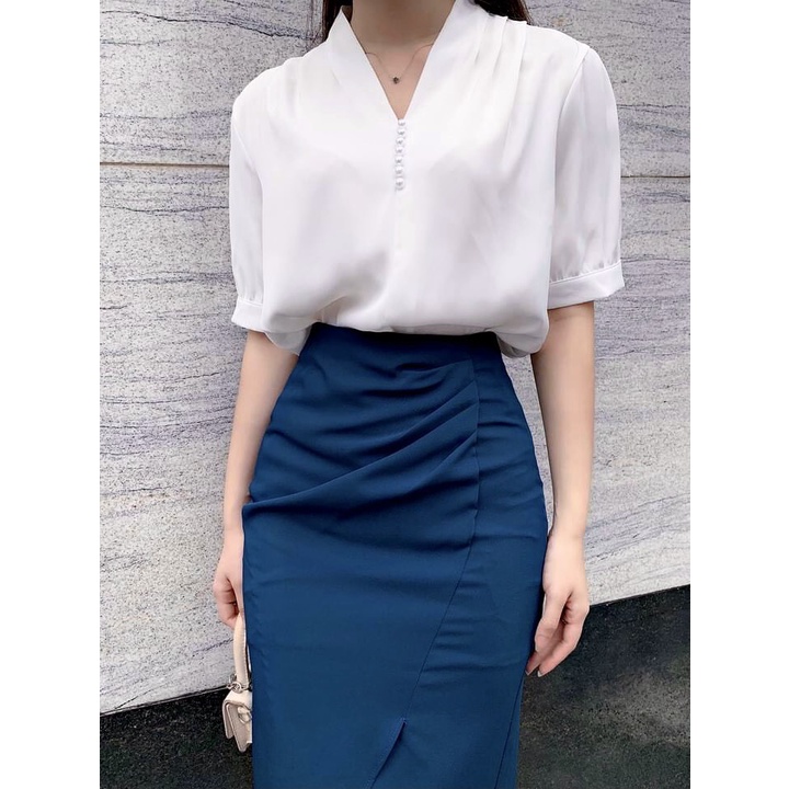 Chân váy bút chì vạt chéo dưới che khuyết điểm 2 mầu xanh, đen
