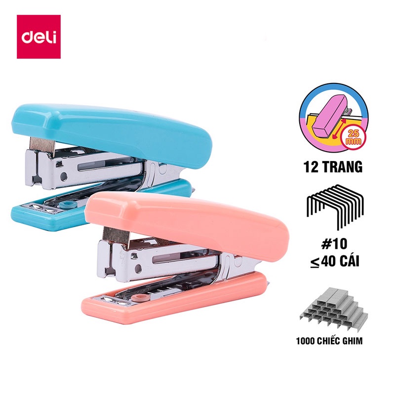 Deli Dập ghim mini 10 Kèm 1000 ghim - Dập Ghim Giấy Xanh Dương/Hồng Stapler
