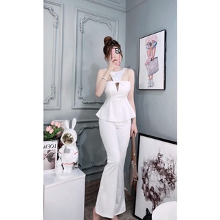 Set quần loe + áo peplum chéo cổ
