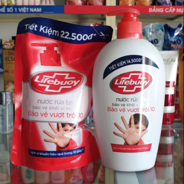 Bộ Nước Rửa Tay Lifebuoy Bảo Vệ Vượt Trội Chai 500ml + Túi 450ml.