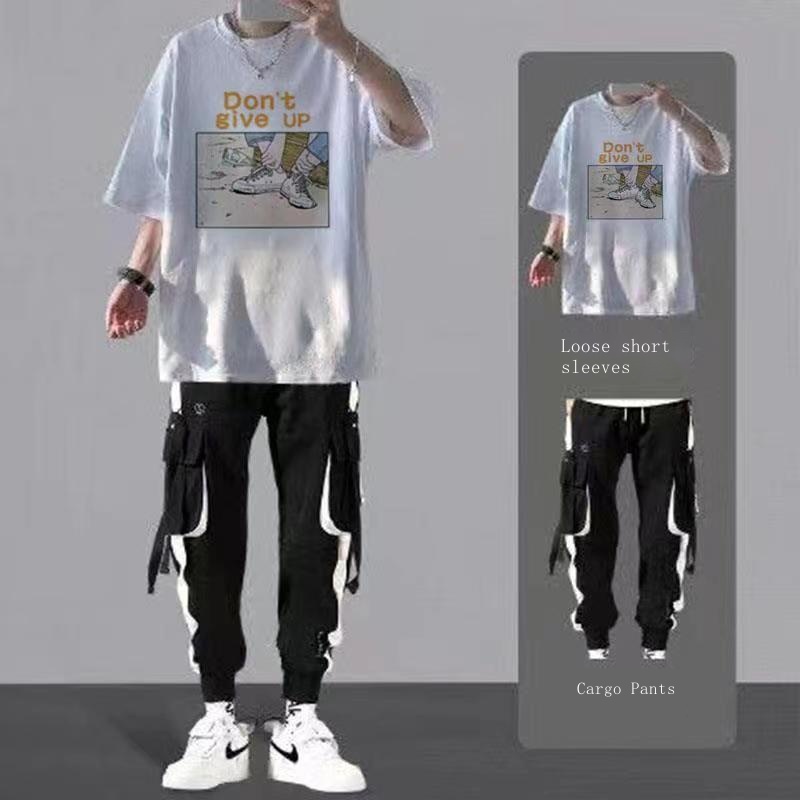 Set Áo Thun Ngắn Tay Cổ Tròn + Quần Yếm Dài Ống Rộng Thời Trang Hàn Cho Nam