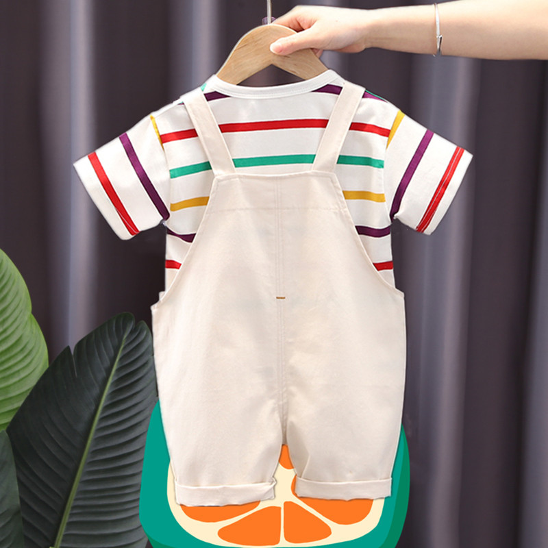 0-5 years old children's striped short-sleeved T-shirt + pocket shorts bib set 2-piece set of cute little dinosaur graphics