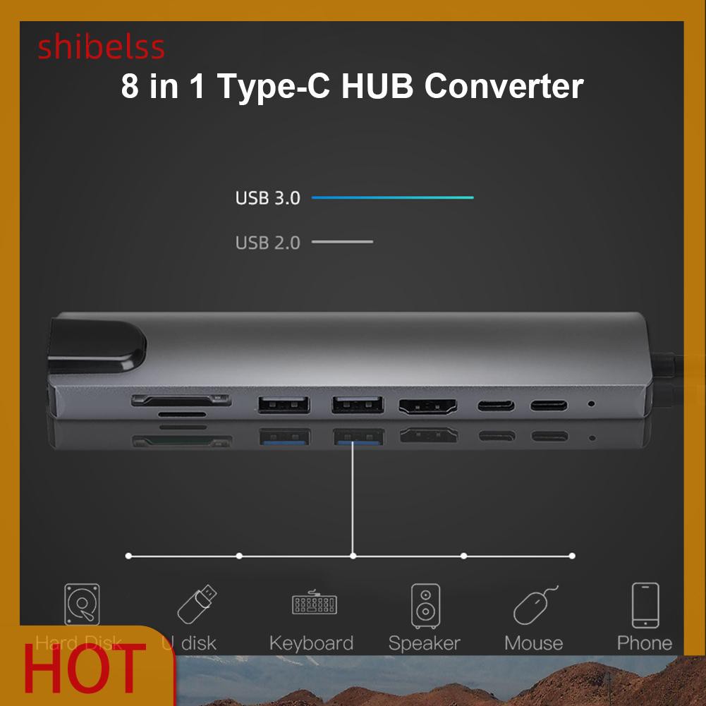 （ʚshibelss）8 in 1 Type-C HUB Converter 4K HDMI 2 USB3.0 USB C PD SD/TF RJ45 Adapter