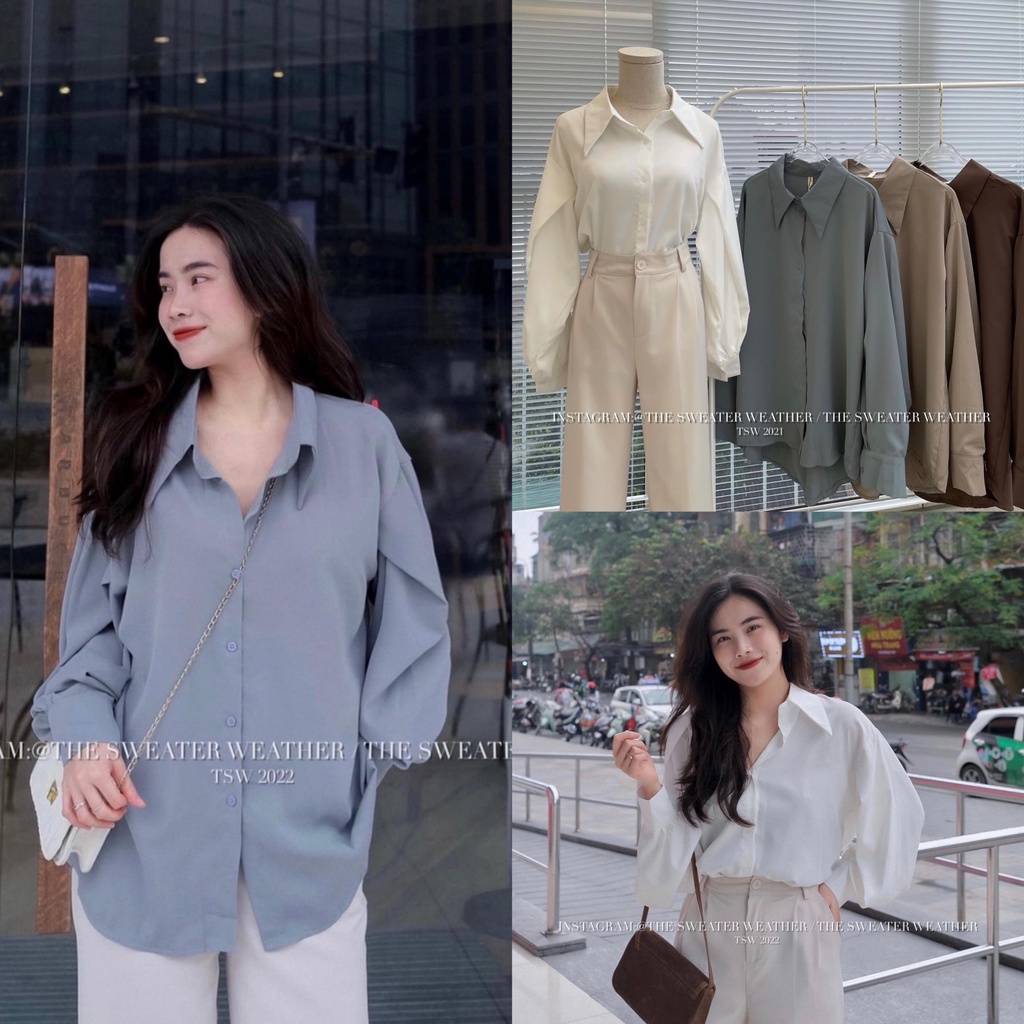 Áo Sơ Mi Nữ trơn trượt tay bồng chất umi hàn form rộng Kiểu dài tay vintage hàn quốc cao cấp trơn kozoda SM69
