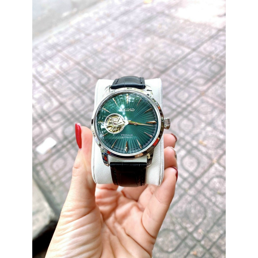 Đồng hồ nam seiko presage open-heart cocktail , dây da , size 41mm (vỏ vàng , bạc)