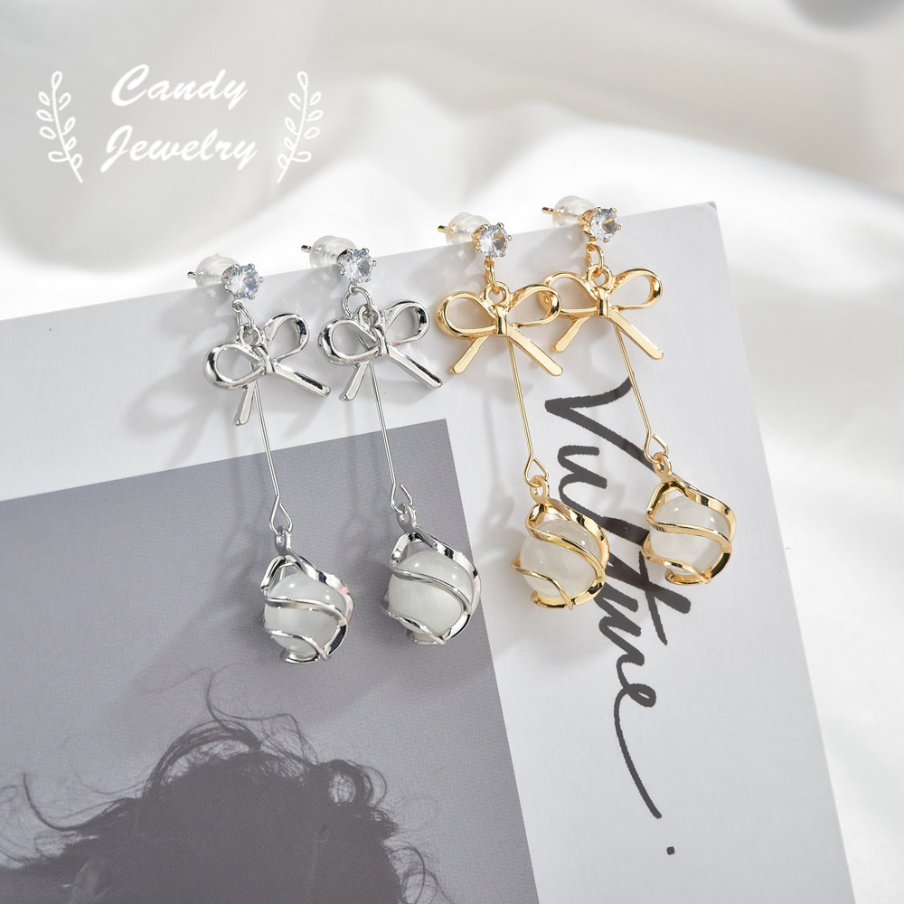 Đôi Khuyên Tai Hình Nơ Đính Đá Opal Thời Trang Cho Nữ