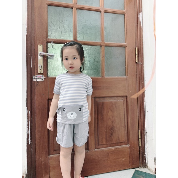 Bộ quần áo cộc tay chui cổ mùa hè Minky mom vải thun lạnh mềm mát hình gấu phối kẻ bé trai bé gái 6-16kg