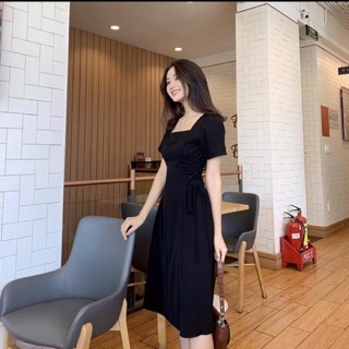 Gola dress đầm midi cổ vuông đan dây eo