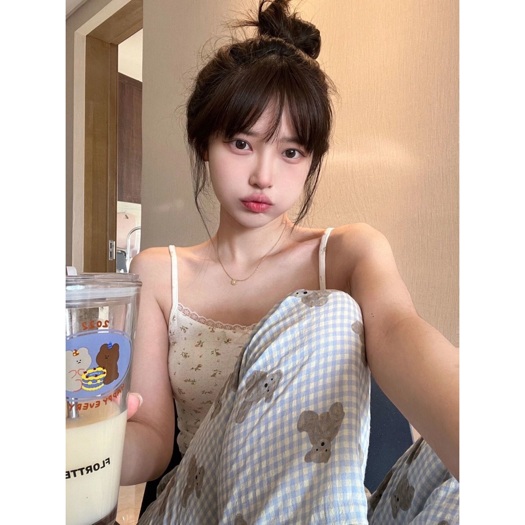 Bộ Đồ Ngủ Áo Hai Dây Phối Quần Dài In Họa Tiết Gấu Và Quần Tươi Mới Thời Trang Mùa Hè Cho Nữ