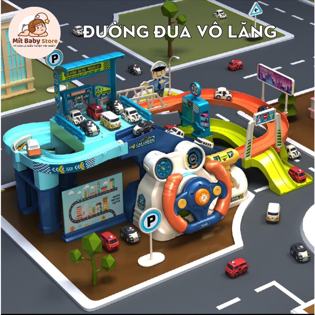 Đồ chơi điều khiển xe đường đua có vô lăng, mô phỏng điều khiển đường đua cho bé điều khiển chạy pin kèm 4 xe ô tô
