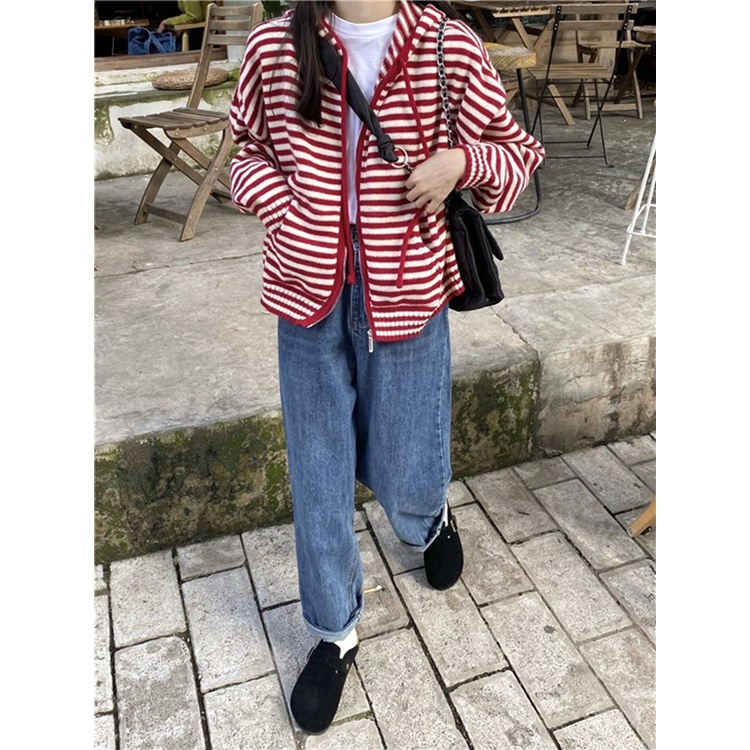 Áo hoodie ZHELIHANGFEI tay dài dáng rộng họa tiết kẻ sọc dễ phối đồ