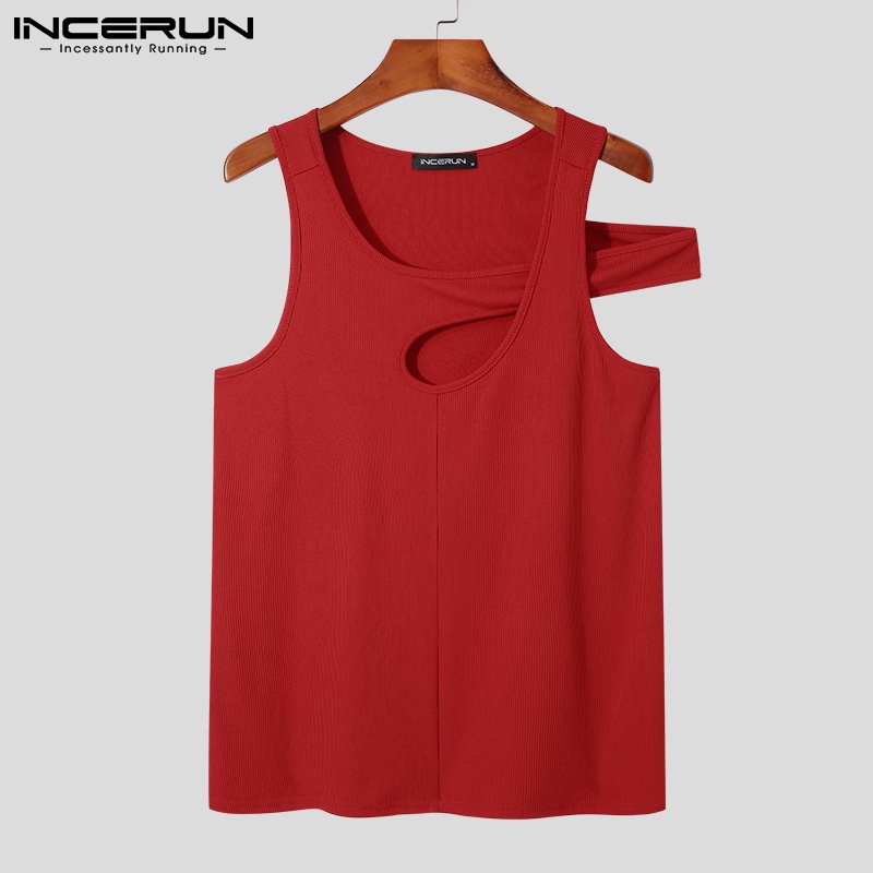 Áo thun INCERUN không tay dáng ôm vừa vặn màu trơn khoét lỗ rỗng gợi cảm thời trang mùa hè cho nam