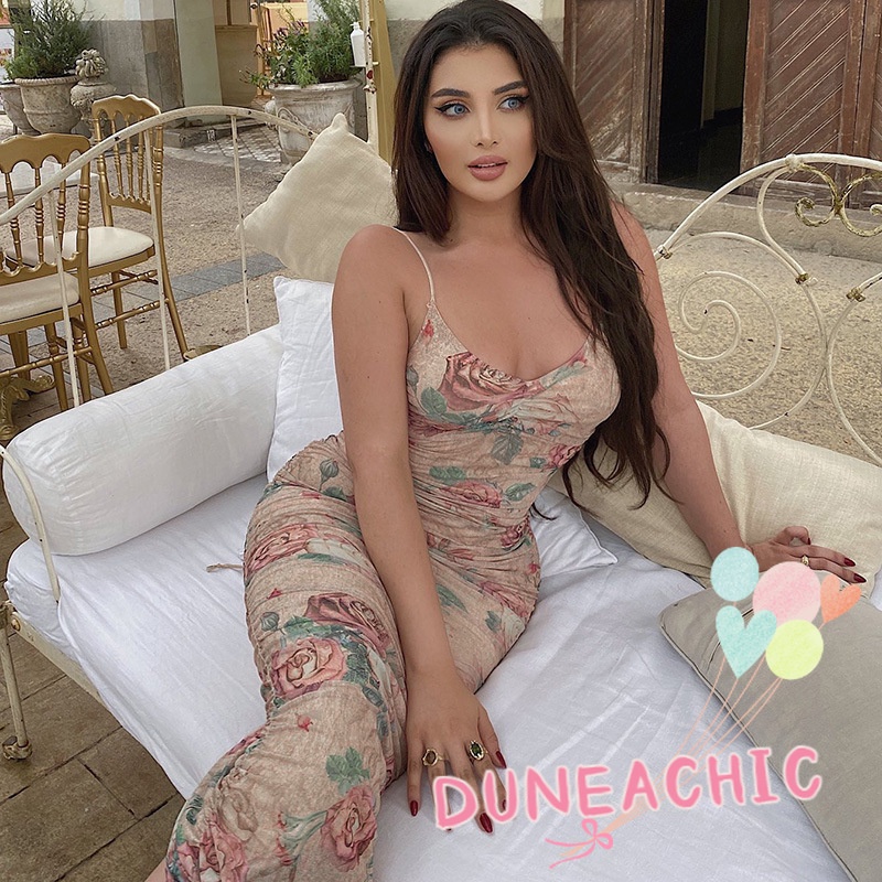DUNEA Đầm Hai Dây Hở Lưng In Hoa Xinh Xắn Cho Nữ