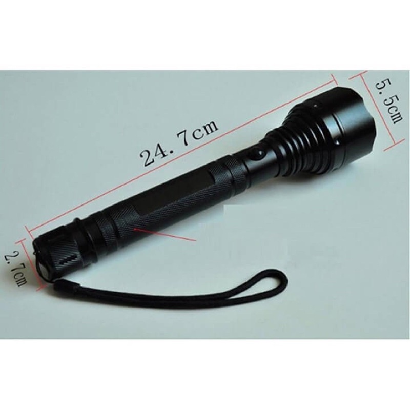 Đèn pin chống nước pin dài sạc điện 8800mah 3 đèn siêu sáng + Phụ kiện: Vỏ hộp + Đèn + Pin + Củ sạc.