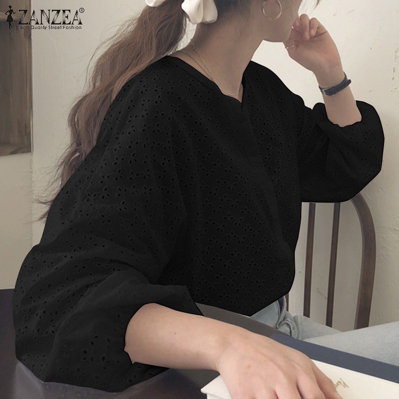 Áo Kiểu ZANZEA Cổ Tròn Dài Tay Thêu Họa Tiết Rỗng Cho Nữ