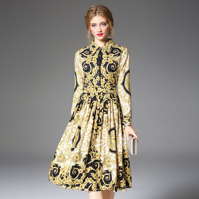 Women's Fashion High Quality Printed Long Baroque Floral Pleats Midi Party Dress | BigBuy360 - bigbuy360.vn