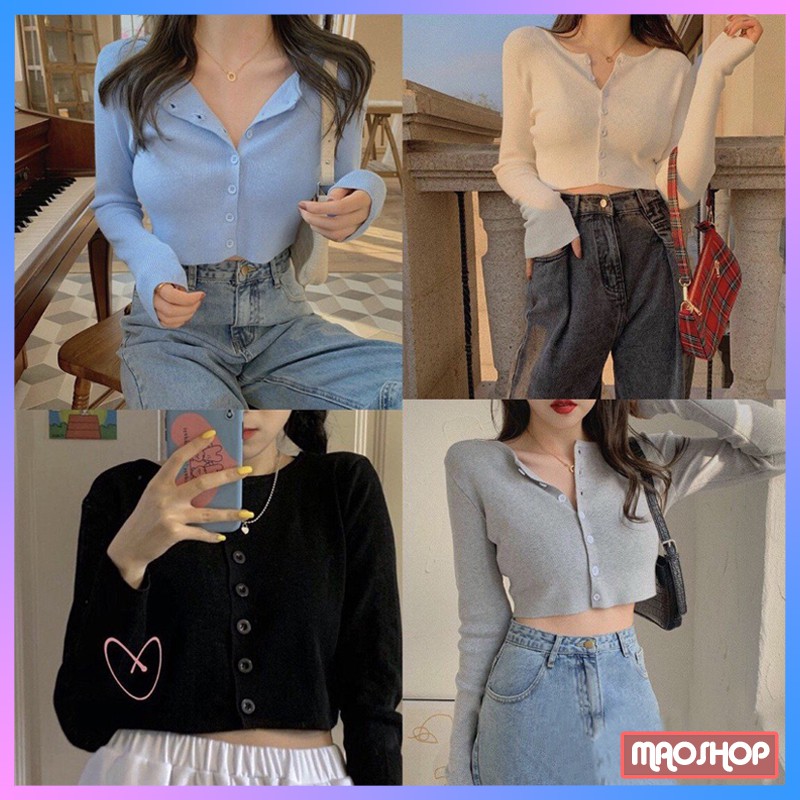 Áo Croptop nữ tay dài body yan Ulzzang Len Tăm Khuy Thật - MaoMao