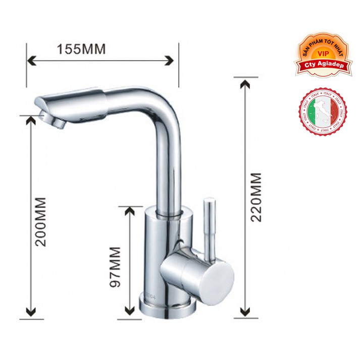 Vòi bồn rửa tay nóng lạnh INOX 304 Bóng (đầu xoay 360, uốn vuông) ITALIA - (gồm đôi dây cấp nước)