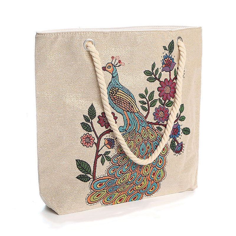 Evertoner Túi Xách Canvas Cỡ Lớn Thêu Họa Tiết Chim Công Phong Cách Bohemian Thời Trang Cho Nữ