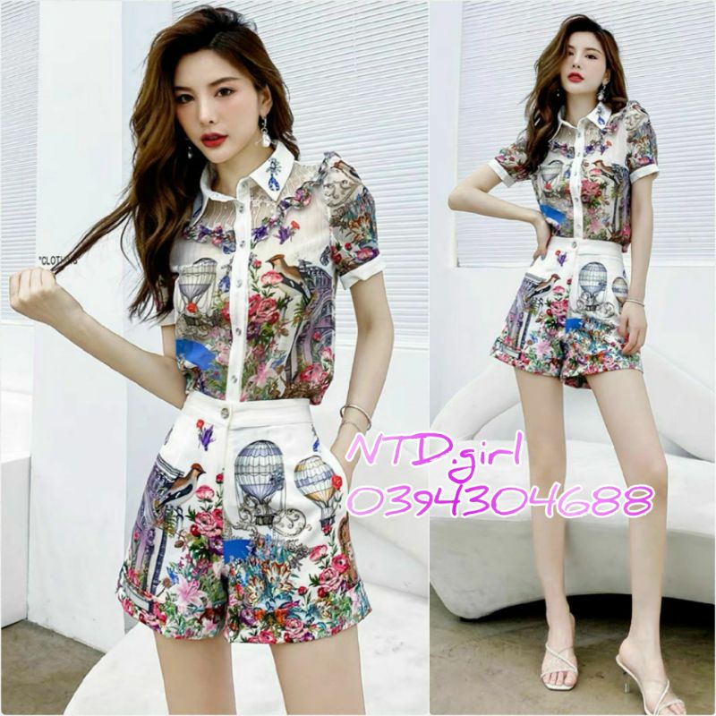 Hàng nhập - Set bộ nữ short lụa phối vai ren viền bèo, sét đồ thời trang quần áo dự tiệc cổ sơ mi hoa văn lộng lẫy
