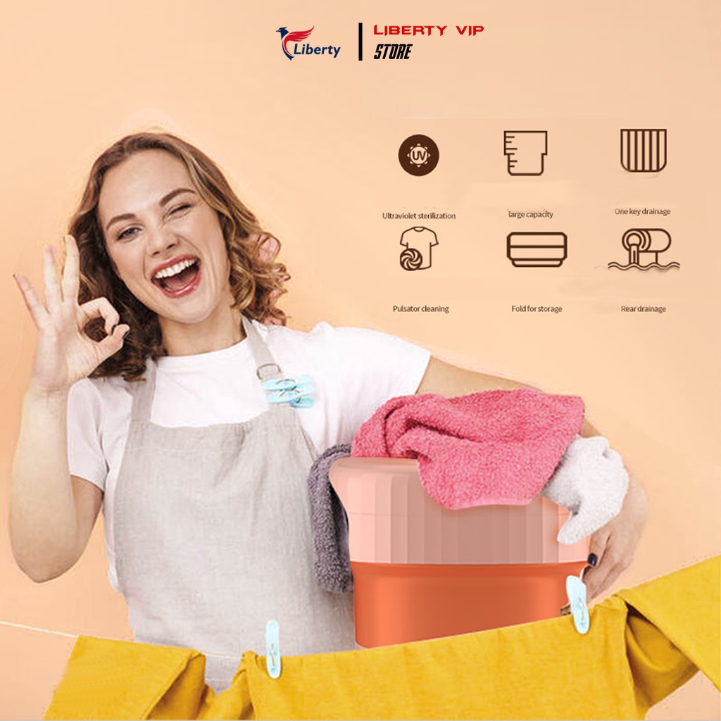 Máy giặt mini thông minh Liberty gấp gọn di động, giặt vắt quần áo giày dép, giặt tất khử khuẩn công nghệ Blue Ag