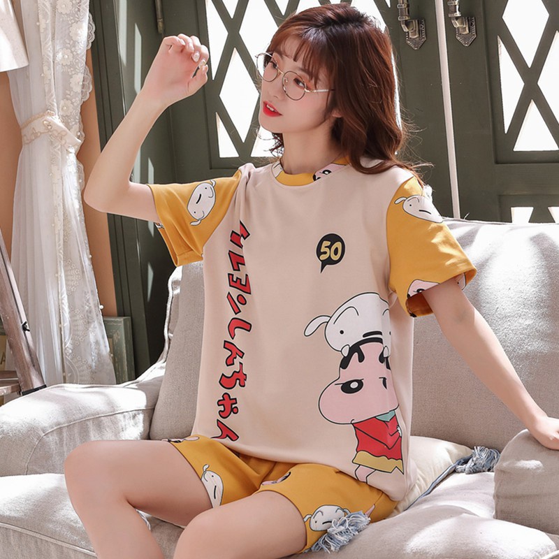 Bộ Đồ Ngủ Hai Mảnh Tay Ngắn Dáng Rộng Vải Cotton Mỏng Thoáng Khí Phong Cách Nhật Hàn Thời Trang Mùa Hè Cho Nữ