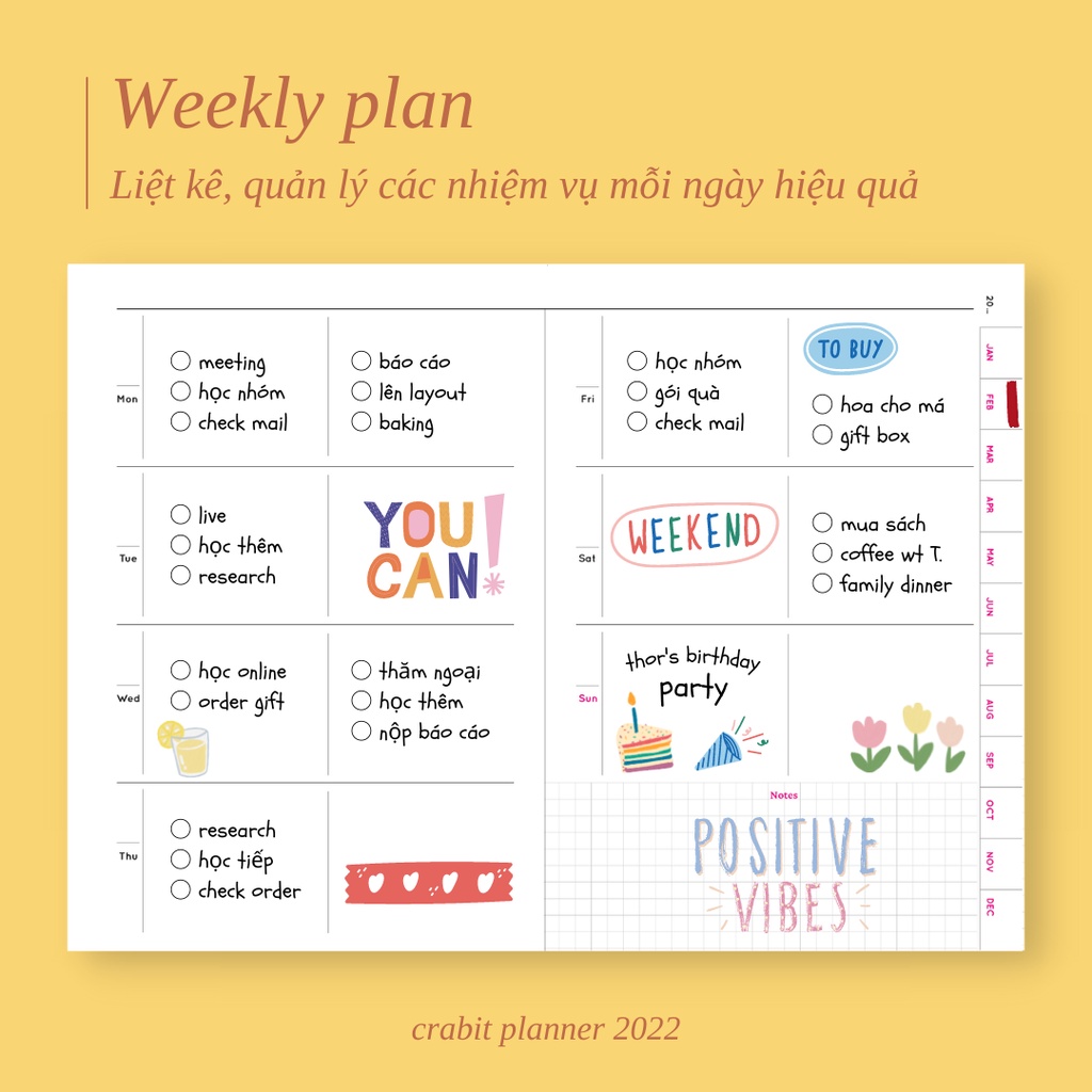 Sổ lịch planner A5 Crabit Sổ kế hoạch 12 tháng không in ngày bìa pastel có túi bìa sau