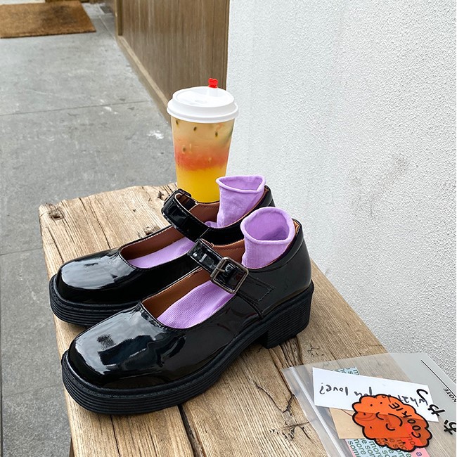 G49_GIÀY đế vuông cao gót Mary Jane mũi tròn