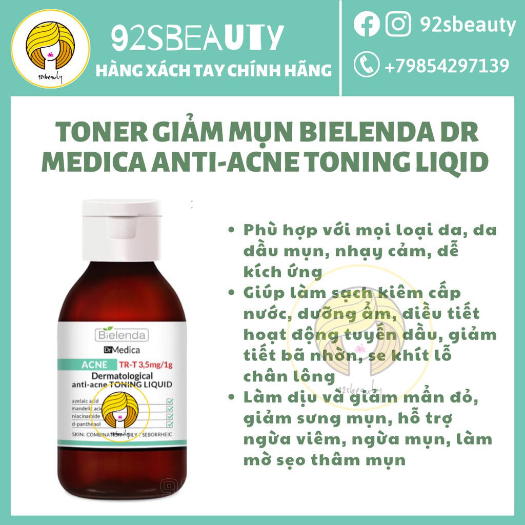 Toner Bielenda Dr Medica Anti-Acne Dermatological Toning Liqid làm sạch sâu và dịu da, giảm mụn, kiềm dầu nhờn