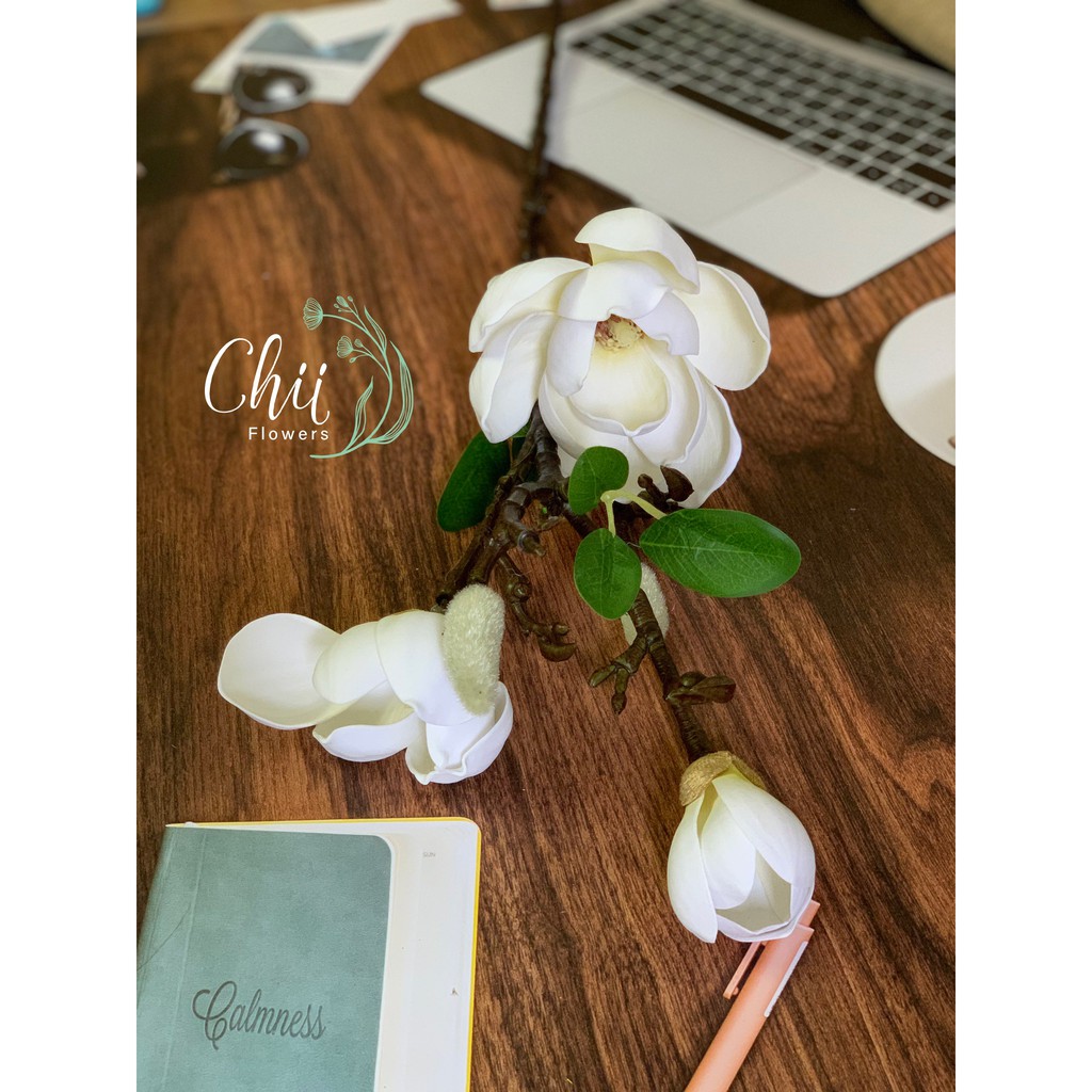 Hoa giả hoa lụa - Hoa mộc lan 3 bông đẹp chất PU cao cấp nhập khẩu trang trí nội thất Chiiflower CH44